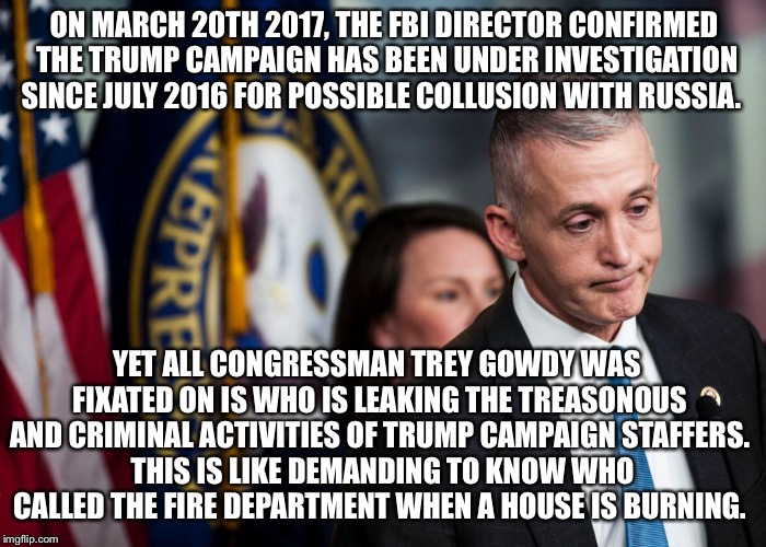 Misguided | ON MARCH 20TH 2017, THE FBI DIRECTOR CONFIRMED THE TRUMP CAMPAIGN HAS BEEN UNDER INVESTIGATION SINCE JULY 2016 FOR POSSIBLE COLLUSION WITH RUSSIA. YET ALL CONGRESSMAN TREY GOWDY WAS FIXATED ON IS WHO IS LEAKING THE TREASONOUS AND CRIMINAL ACTIVITIES OF TRUMP CAMPAIGN STAFFERS.  THIS IS LIKE DEMANDING TO KNOW WHO CALLED THE FIRE DEPARTMENT WHEN A HOUSE IS BURNING. | image tagged in hypocrisy | made w/ Imgflip meme maker