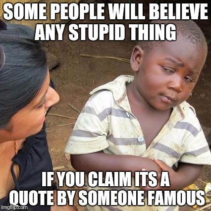 I think this is a quote from Mark Twain.... | SOME PEOPLE WILL BELIEVE ANY STUPID THING; IF YOU CLAIM ITS A QUOTE BY SOMEONE FAMOUS | image tagged in memes,third world skeptical kid | made w/ Imgflip meme maker