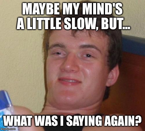 10 Guy Meme | MAYBE MY MIND'S A LITTLE SLOW, BUT... WHAT WAS I SAYING AGAIN? | image tagged in memes,10 guy | made w/ Imgflip meme maker