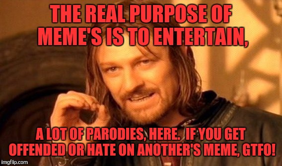 One Does Not Simply Meme | THE REAL PURPOSE OF MEME'S IS TO ENTERTAIN, A LOT OF PARODIES, HERE.  IF YOU GET OFFENDED OR HATE ON ANOTHER'S MEME, GTFO! | image tagged in memes,one does not simply | made w/ Imgflip meme maker