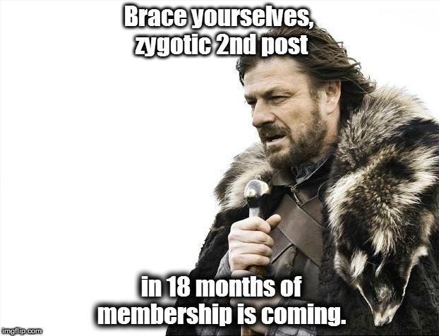 Brace Yourselves X is Coming Meme | Brace yourselves, zygotic 2nd post; in 18 months of membership is coming. | image tagged in memes,brace yourselves x is coming | made w/ Imgflip meme maker