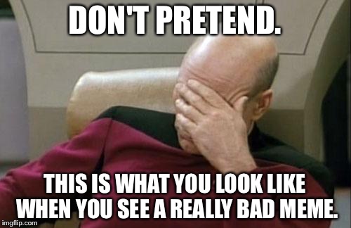 Captain Picard Facepalm Meme | DON'T PRETEND. THIS IS WHAT YOU LOOK LIKE WHEN YOU SEE A REALLY BAD MEME. | image tagged in memes,captain picard facepalm | made w/ Imgflip meme maker