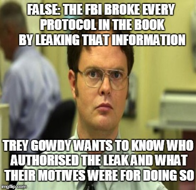 FALSE: THE FBI BROKE EVERY PROTOCOL IN THE BOOK BY LEAKING THAT INFORMATION TREY GOWDY WANTS TO KNOW WHO AUTHORISED THE LEAK AND WHAT THEIR  | made w/ Imgflip meme maker