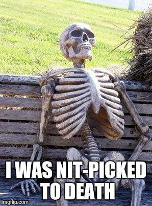 Waiting Skeleton Meme | I WAS NIT-PICKED TO DEATH | image tagged in memes,waiting skeleton | made w/ Imgflip meme maker