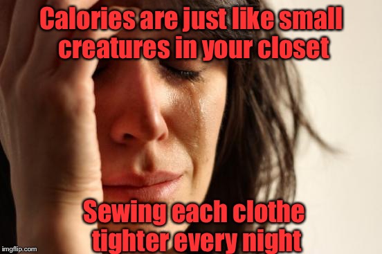 Calories | Calories are just like small creatures in your closet; Sewing each clothe tighter every night | image tagged in memes,first world problems,calories,tight,closet | made w/ Imgflip meme maker