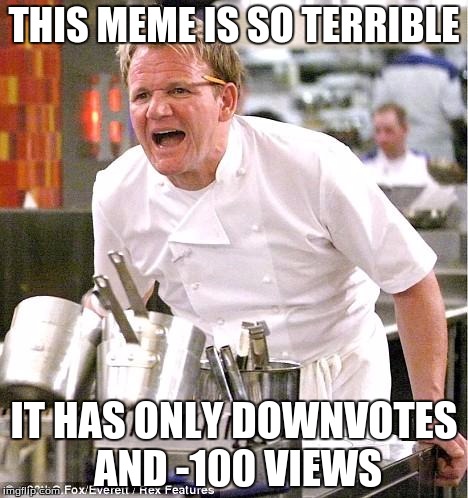 Chef Gordon Ramsay | THIS MEME IS SO TERRIBLE; IT HAS ONLY DOWNVOTES AND -100 VIEWS | image tagged in memes,chef gordon ramsay | made w/ Imgflip meme maker