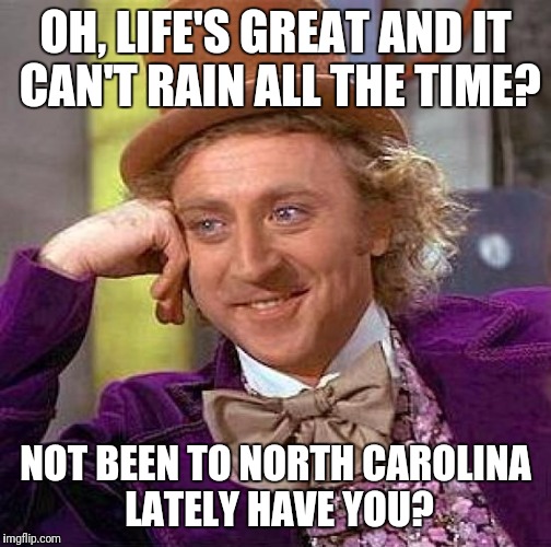 Creepy Condescending Wonka | OH, LIFE'S GREAT AND IT CAN'T RAIN ALL THE TIME? NOT BEEN TO NORTH CAROLINA LATELY HAVE YOU? | image tagged in memes,creepy condescending wonka | made w/ Imgflip meme maker