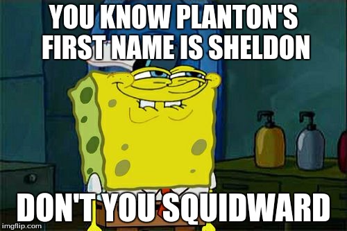 Don't You Squidward | YOU KNOW PLANTON'S FIRST NAME IS SHELDON; DON'T YOU SQUIDWARD | image tagged in memes,dont you squidward | made w/ Imgflip meme maker