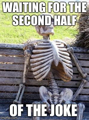 WAITING FOR THE SECOND HALF OF THE JOKE | image tagged in memes,waiting skeleton | made w/ Imgflip meme maker