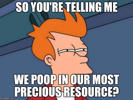 Futurama Fry Meme | SO YOU'RE TELLING ME; WE POOP IN OUR MOST PRECIOUS RESOURCE? | image tagged in memes,futurama fry | made w/ Imgflip meme maker