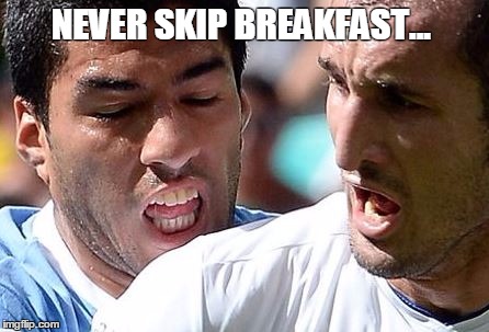 Don't skip breakfast, it's important | NEVER SKIP BREAKFAST... | image tagged in bite,soccer,football,hungry,funny | made w/ Imgflip meme maker