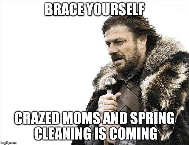 Brace Yourselves X is Coming Meme | BRACE YOURSELF; CRAZED MOMS AND SPRING CLEANING IS COMING | image tagged in memes,brace yourselves x is coming | made w/ Imgflip meme maker