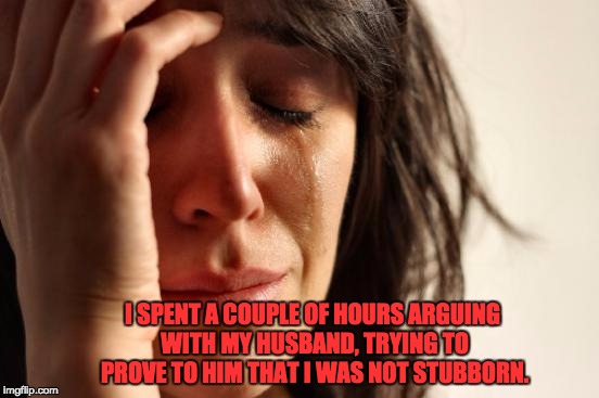 First World Problems | I SPENT A COUPLE OF HOURS ARGUING WITH MY HUSBAND, TRYING TO PROVE TO HIM THAT I WAS NOT STUBBORN. | image tagged in memes,first world problems | made w/ Imgflip meme maker