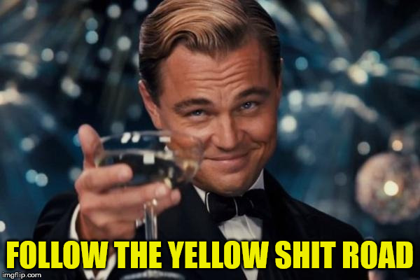 Leonardo Dicaprio Cheers Meme | FOLLOW THE YELLOW SHIT ROAD | image tagged in memes,leonardo dicaprio cheers | made w/ Imgflip meme maker