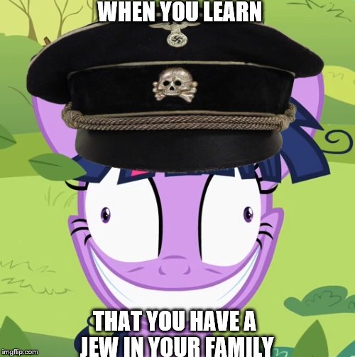 Twilight Mengele | WHEN YOU LEARN; THAT YOU HAVE A JEW IN YOUR FAMILY | image tagged in nazi,mlp,twilight sparkle | made w/ Imgflip meme maker