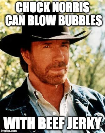 Chuck Norris Fact of the Day: | CHUCK NORRIS CAN BLOW BUBBLES; WITH BEEF JERKY | image tagged in memes,chuck norris,beef,beef jerky | made w/ Imgflip meme maker