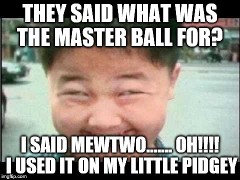 Retard pokemon trainer | THEY SAID WHAT WAS THE MASTER BALL FOR? I SAID MEWTWO....... OH!!!! I USED IT ON MY LITTLE PIDGEY | image tagged in pokemon,funny pokemon | made w/ Imgflip meme maker