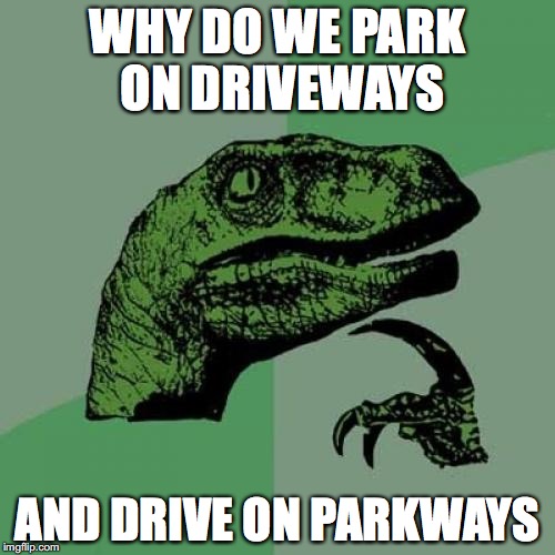 Philosoraptor | WHY DO WE PARK ON DRIVEWAYS; AND DRIVE ON PARKWAYS | image tagged in memes,philosoraptor | made w/ Imgflip meme maker