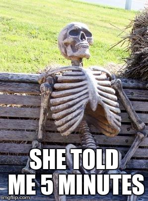 Been A Little Longer | SHE TOLD ME 5 MINUTES | image tagged in memes,waiting skeleton,still waiting | made w/ Imgflip meme maker
