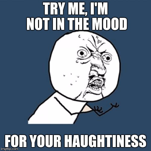 Y U No | TRY ME, I'M NOT IN THE MOOD; FOR YOUR HAUGHTINESS | image tagged in memes,y u no | made w/ Imgflip meme maker