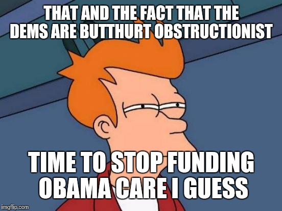 Futurama Fry Meme | THAT AND THE FACT THAT THE DEMS ARE BUTTHURT OBSTRUCTIONIST TIME TO STOP FUNDING OBAMA CARE I GUESS | image tagged in memes,futurama fry | made w/ Imgflip meme maker