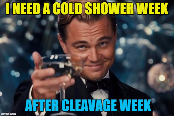 Leonardo Dicaprio Cheers Meme | I NEED A COLD SHOWER WEEK AFTER CLEAVAGE WEEK | image tagged in memes,leonardo dicaprio cheers | made w/ Imgflip meme maker