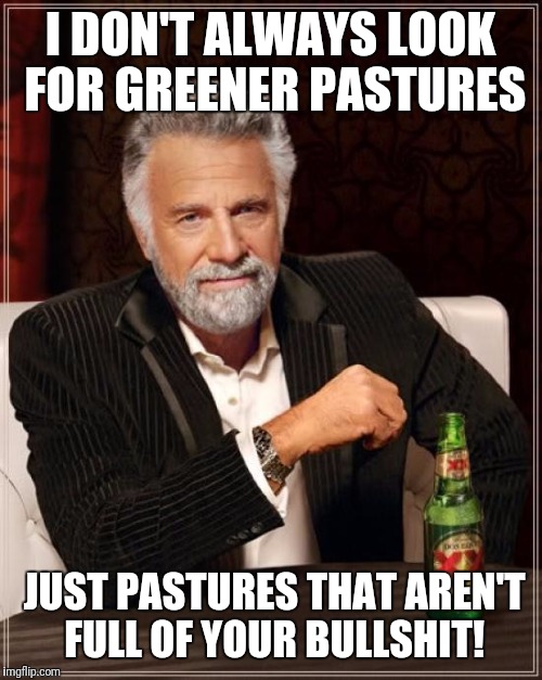 The Most Interesting Man In The World Meme | I DON'T ALWAYS LOOK FOR GREENER PASTURES; JUST PASTURES THAT AREN'T FULL OF YOUR BULLSHIT! | image tagged in memes,the most interesting man in the world | made w/ Imgflip meme maker