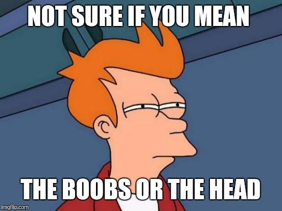 Futurama Fry Meme | NOT SURE IF YOU MEAN THE BOOBS OR THE HEAD | image tagged in memes,futurama fry | made w/ Imgflip meme maker