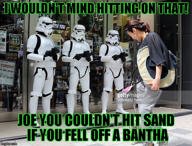  I WOULDN'T MIND HITTING ON THAT! JOE YOU COULDN'T HIT SAND IF YOU FELL OFF A BANTHA | image tagged in star wars | made w/ Imgflip meme maker