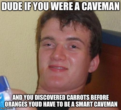 10 Guy Meme | DUDE IF YOU WERE A CAVEMAN AND YOU DISCOVERED CARROTS BEFORE ORANGES YOUD HAVE TO BE A SMART CAVEMAN | image tagged in memes,10 guy | made w/ Imgflip meme maker