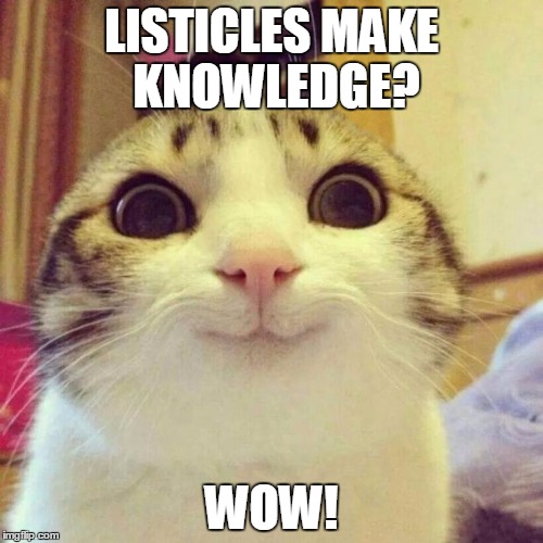 Smiling Cat Meme | LISTICLES MAKE KNOWLEDGE? WOW! | image tagged in memes,smiling cat | made w/ Imgflip meme maker