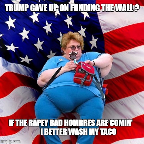 Obese conservative american woman |  TRUMP GAVE UP ON FUNDING THE WALL ? IF THE RAPEY BAD HOMBRES ARE COMIN'           I BETTER WASH MY TACO | image tagged in obese conservative american woman | made w/ Imgflip meme maker