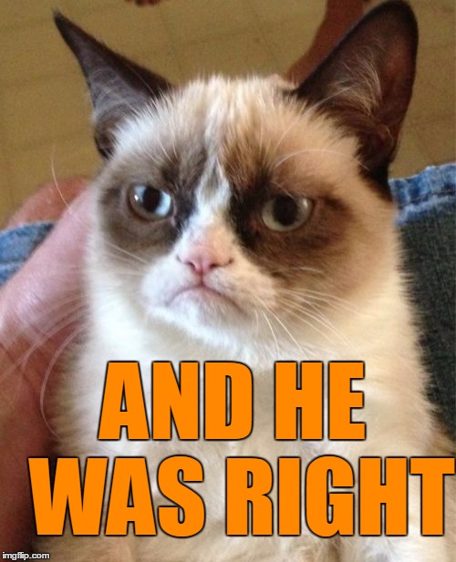Grumpy Cat Meme | AND HE WAS RIGHT | image tagged in memes,grumpy cat | made w/ Imgflip meme maker