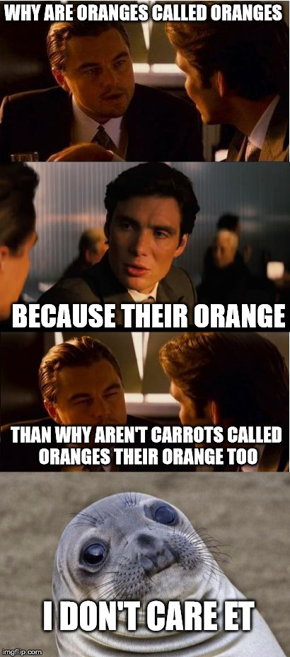Carrots and Oranges | WHY ARE ORANGES CALLED ORANGES; BECAUSE THEIR ORANGE; THAN WHY AREN'T CARROTS CALLED ORANGES THEIR ORANGE TOO; I DON'T CARE ET | image tagged in inception,awkward moment sealion | made w/ Imgflip meme maker