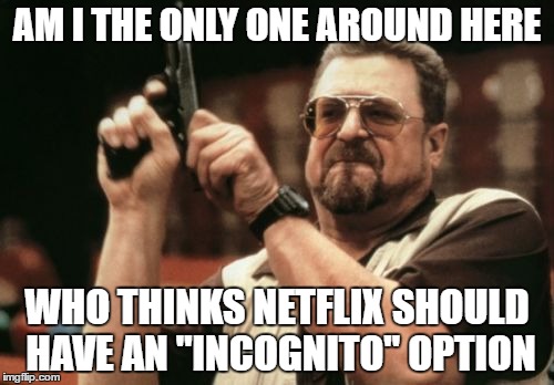 Am I The Only One Around Here Meme | AM I THE ONLY ONE AROUND HERE; WHO THINKS NETFLIX SHOULD HAVE AN "INCOGNITO" OPTION | image tagged in memes,am i the only one around here,AdviceAnimals | made w/ Imgflip meme maker