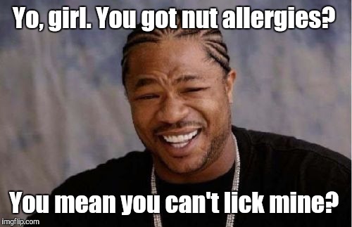 Yo Dawg Heard You Meme | Yo, girl. You got nut allergies? You mean you can't lick mine? | image tagged in memes,yo dawg heard you | made w/ Imgflip meme maker