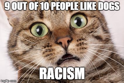 Pets these days. | 9 OUT OF 10 PEOPLE LIKE DOGS; RACISM | image tagged in racism,cats,pets,lol | made w/ Imgflip meme maker