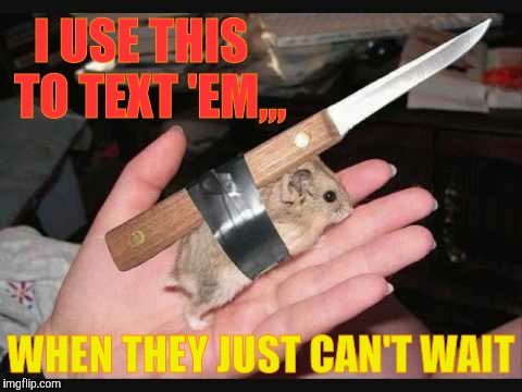 Lock and Load Hamster | I USE THIS  TO TEXT 'EM,,, WHEN THEY JUST CAN'T WAIT | image tagged in lock and load hamster | made w/ Imgflip meme maker