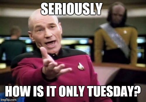 Picard Wtf Meme | SERIOUSLY; HOW IS IT ONLY TUESDAY? | image tagged in memes,picard wtf | made w/ Imgflip meme maker