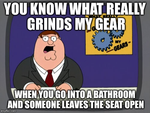 The bathroom gear grind | YOU KNOW WHAT REALLY GRINDS MY GEAR; WHEN YOU GO INTO A BATHROOM AND SOMEONE LEAVES THE SEAT OPEN | image tagged in memes,peter griffin news | made w/ Imgflip meme maker