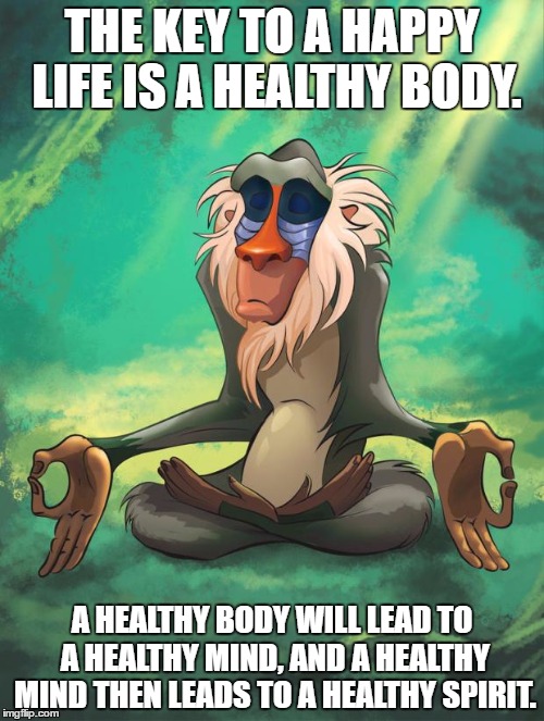 Rafiki wisdom | THE KEY TO A HAPPY LIFE IS A HEALTHY BODY. A HEALTHY BODY WILL LEAD TO A HEALTHY MIND, AND A HEALTHY MIND THEN LEADS TO A HEALTHY SPIRIT. | image tagged in rafiki wisdom,AdviceAnimals | made w/ Imgflip meme maker