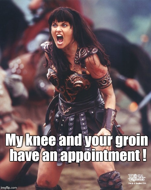 Xena is pissed | My knee and your groin have an appointment ! | image tagged in xena is pissed | made w/ Imgflip meme maker