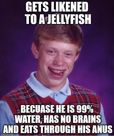 Adapted this from a line in Stormbreaker by Anthony Horowitz - and there are more that can be added! |  GETS LIKENED TO A JELLYFISH; BECUASE HE IS 99% WATER, HAS NO BRAINS AND EATS THROUGH HIS ANUS | image tagged in memes,bad luck brian | made w/ Imgflip meme maker