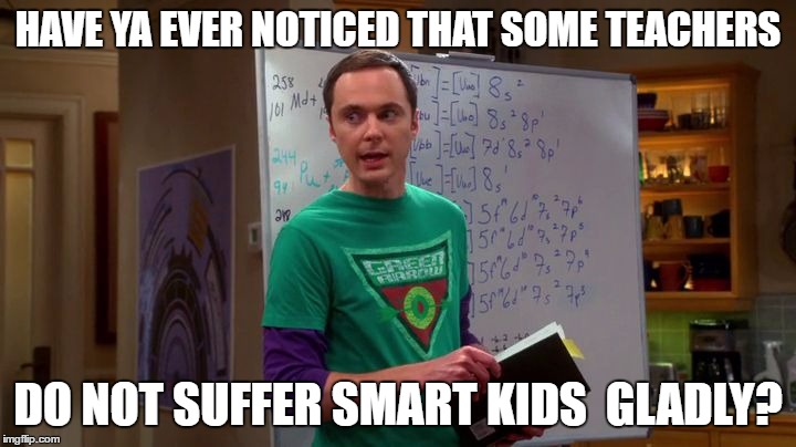 Sheldon Cooper Genius | HAVE YA EVER NOTICED THAT SOME TEACHERS; DO NOT SUFFER SMART KIDS 
GLADLY? | image tagged in sheldon cooper genius | made w/ Imgflip meme maker