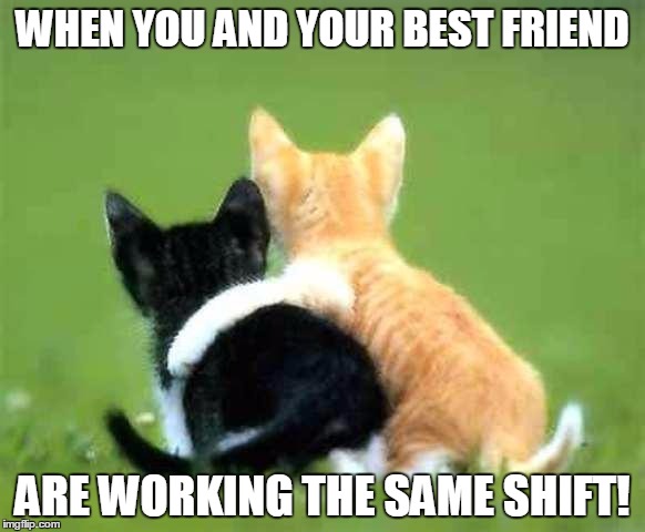 friends | WHEN YOU AND YOUR BEST FRIEND; ARE WORKING THE SAME SHIFT! | image tagged in friends | made w/ Imgflip meme maker