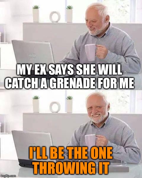 Hide the Pain Harold Meme | MY EX SAYS SHE WILL CATCH A GRENADE FOR ME; I'LL BE THE ONE THROWING IT | image tagged in memes,hide the pain harold | made w/ Imgflip meme maker