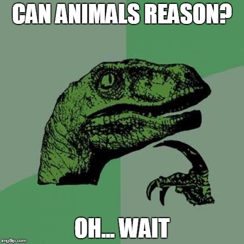 Philosoraptor Meme | CAN ANIMALS REASON? OH... WAIT | image tagged in memes,philosoraptor | made w/ Imgflip meme maker