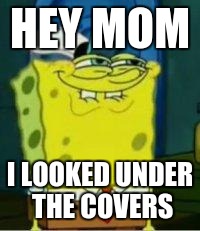 Spongebob funny face | HEY MOM; I LOOKED UNDER THE COVERS | image tagged in spongebob funny face | made w/ Imgflip meme maker