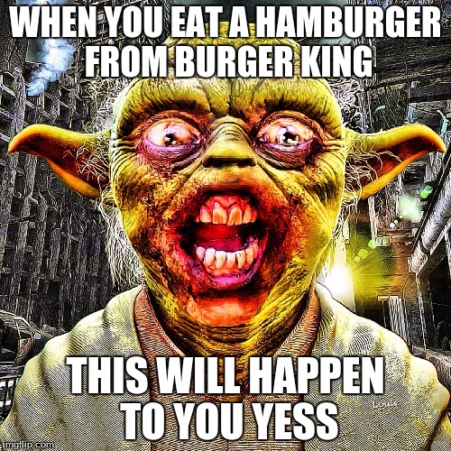 Zombie Yoda | WHEN YOU EAT A HAMBURGER FROM BURGER KING; THIS WILL HAPPEN TO YOU YESS | image tagged in zombie yoda | made w/ Imgflip meme maker