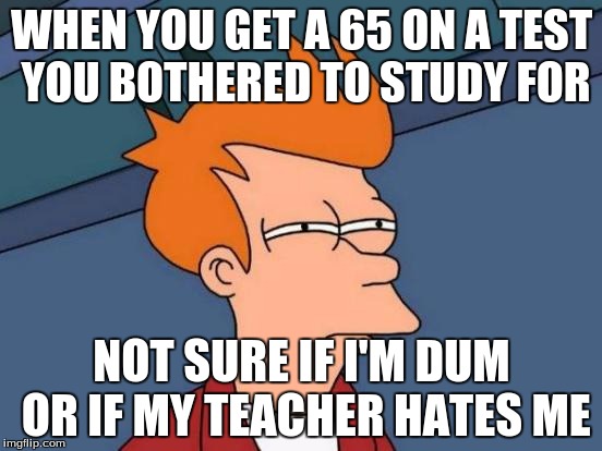 Futurama Fry Meme | WHEN YOU GET A 65 ON A TEST YOU BOTHERED TO STUDY FOR; NOT SURE IF I'M DUM OR IF MY TEACHER HATES ME | image tagged in memes,futurama fry | made w/ Imgflip meme maker